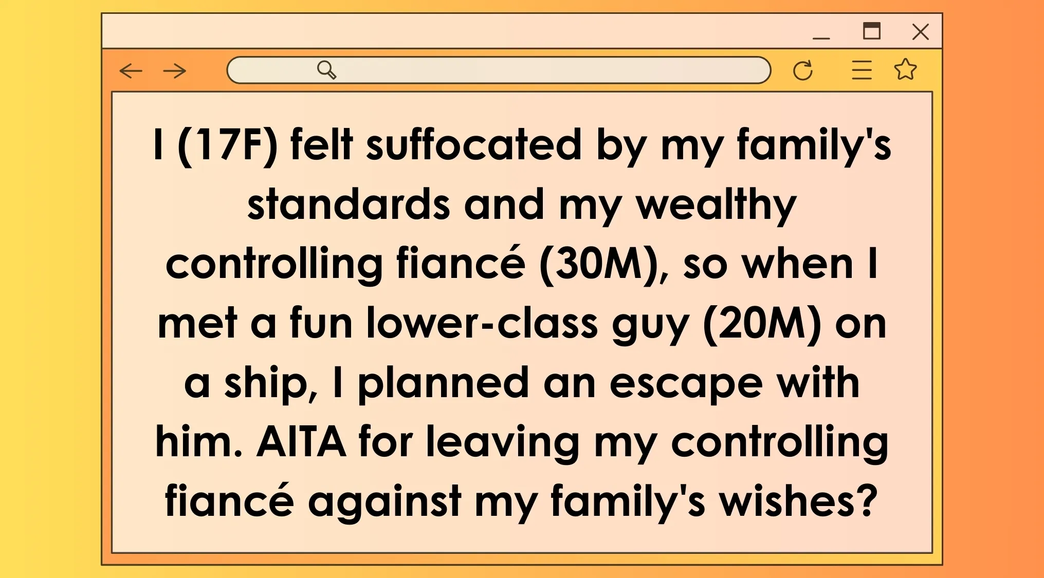 AITA post about a 17F escaping a wealthy controlling fiancé on a ship with a fun lower-class guy.