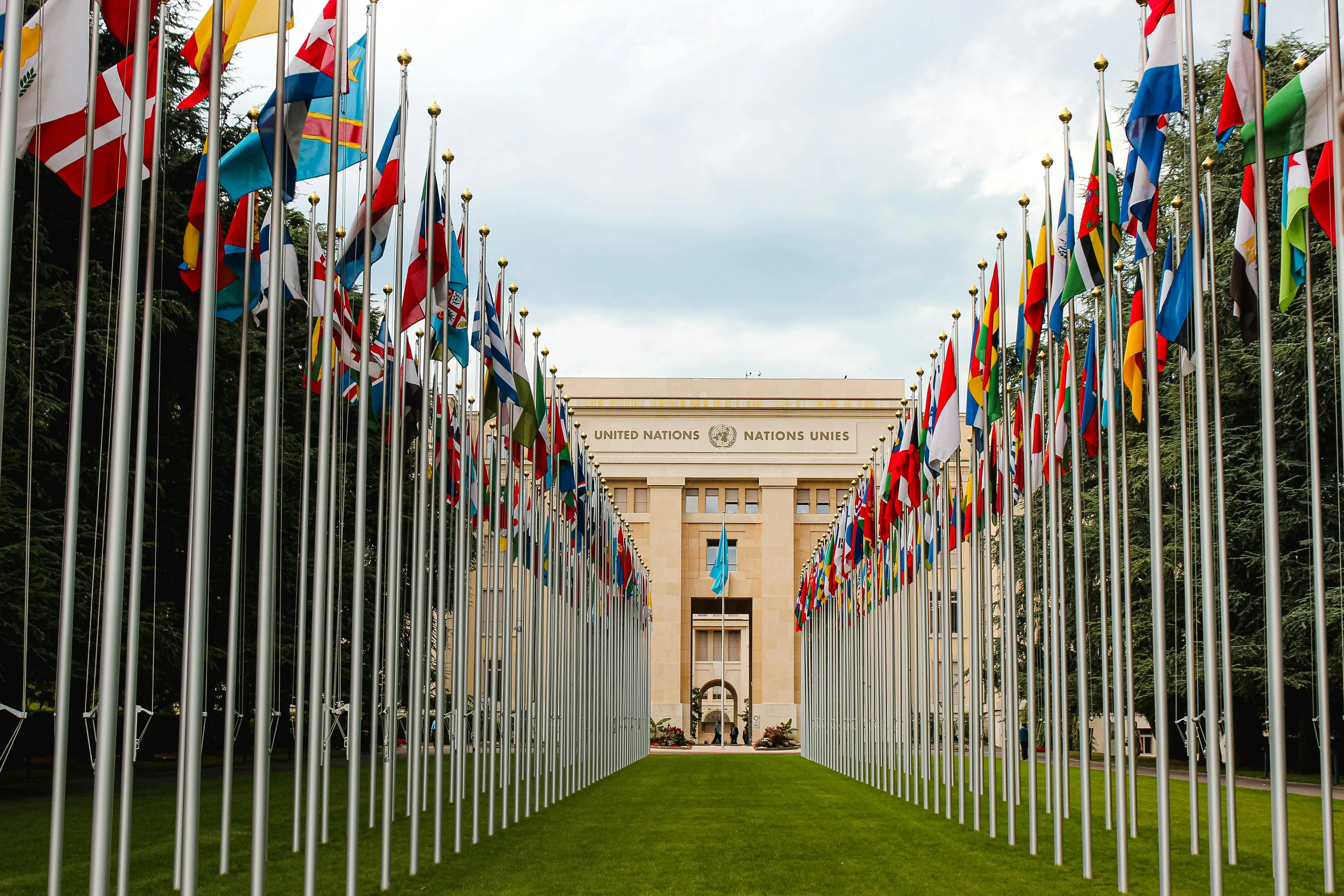 United Nations building lined with rows of international flags representing the purpose of United Nations in history.
