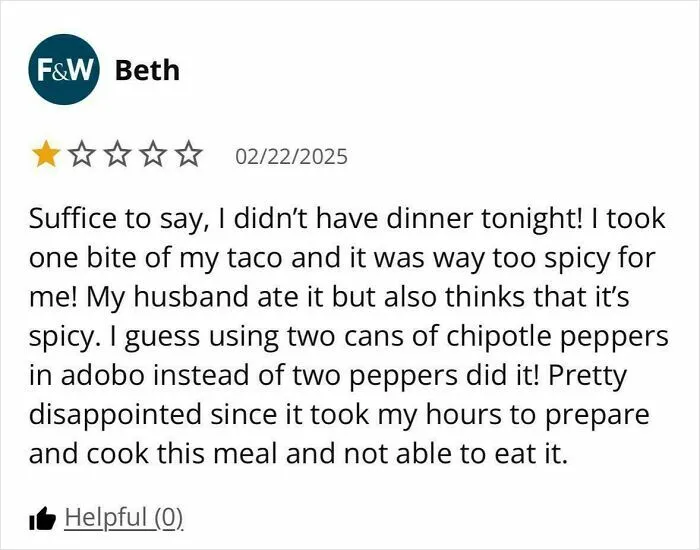 "Suffice To Say, I Added 10x The Amount Of Chilis And It Was Too Spicy. One Star“