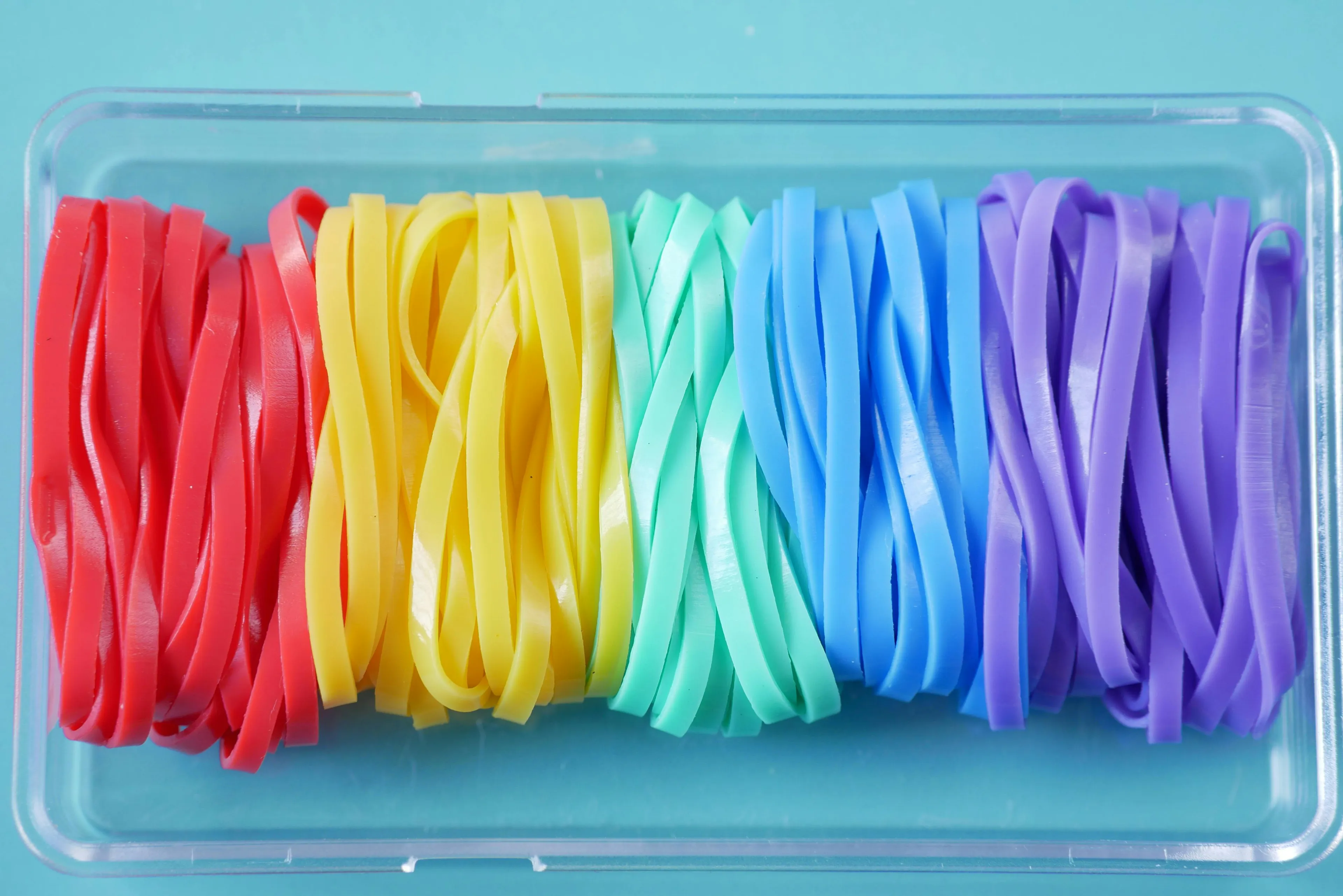 Colorful rubber bands neatly arranged in a transparent box illustrating energy stored in a stretched rubber band concept.