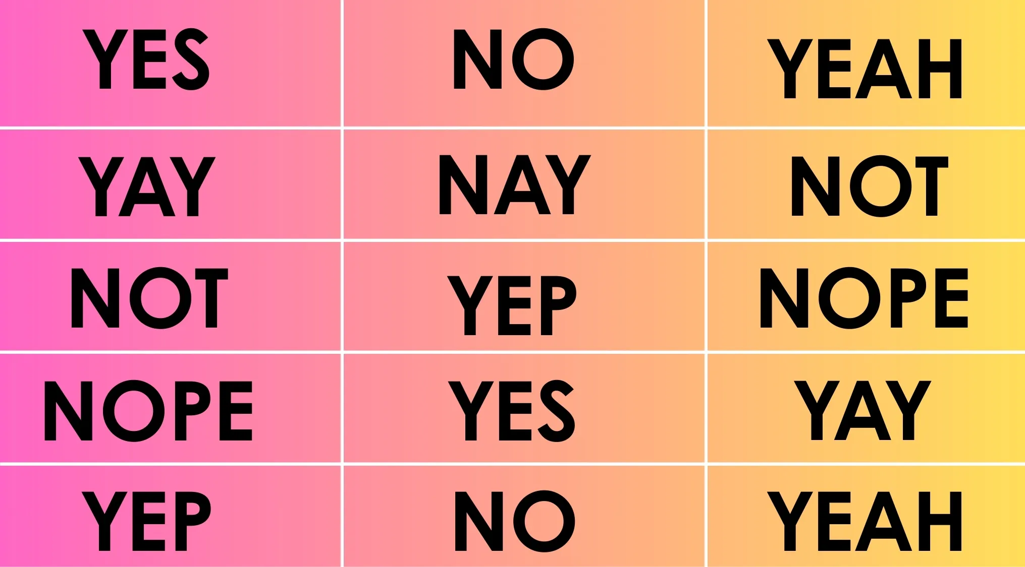 Grid of yes and no word variations in bold black text on a pink to orange gradient background for 90% club question.
