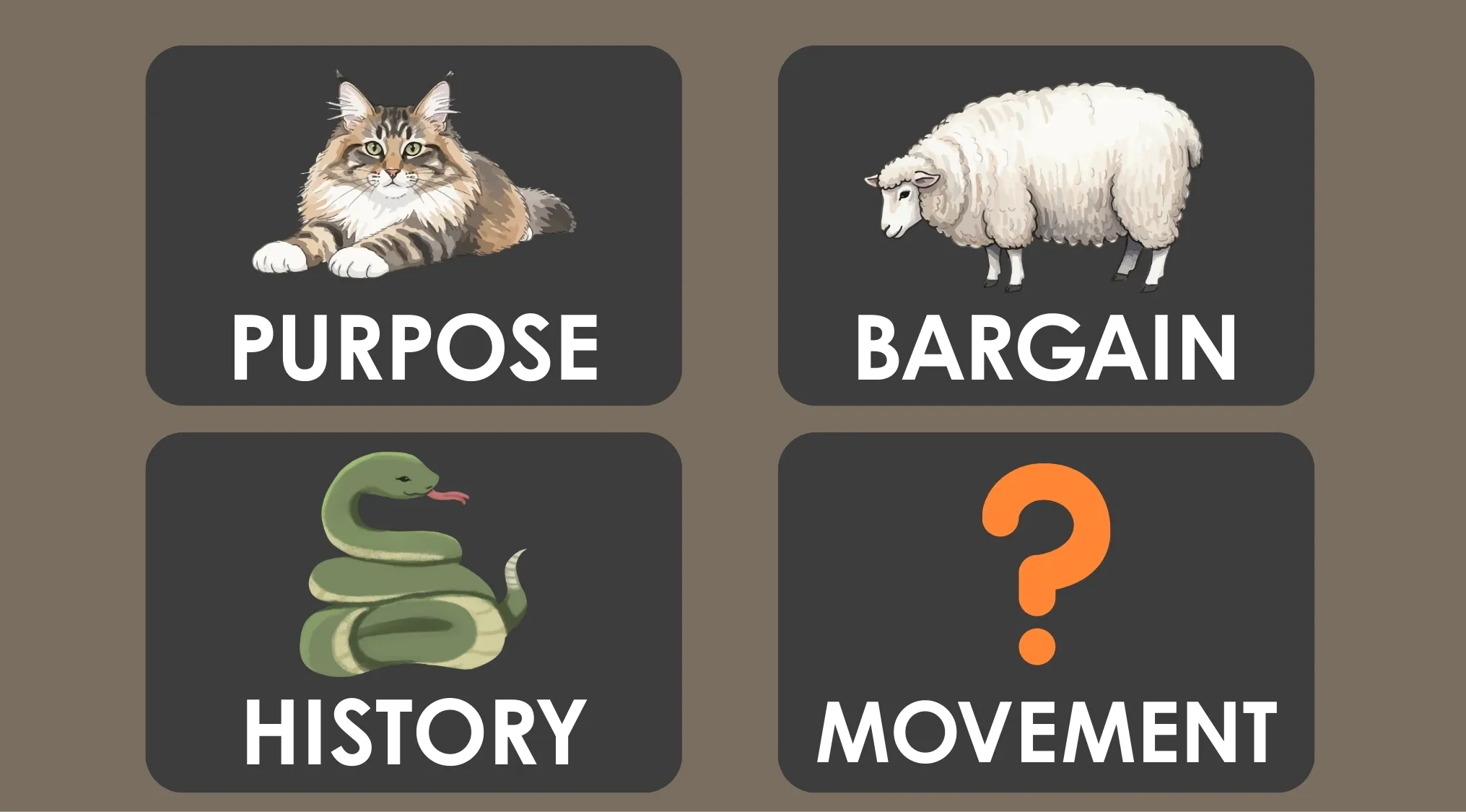 Animal sequence puzzle with cat, sheep, snake, and question mark for movement in 1% club challenge.