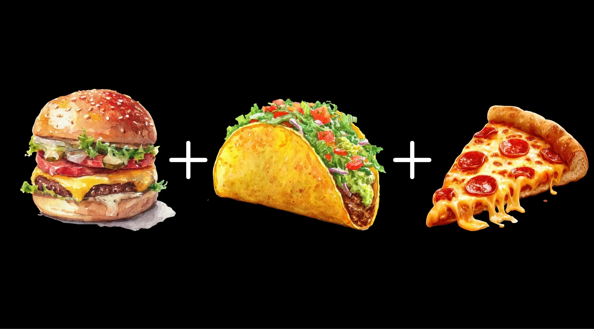 Burger, taco, and pizza icons with plus signs, illustrating a fun food puzzle for the 60% club question.