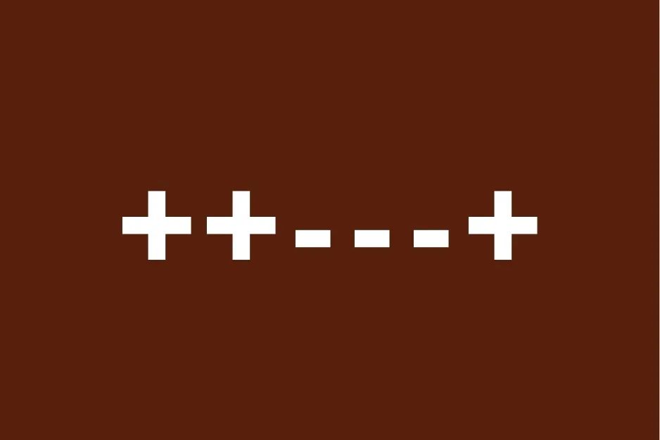 Six symbols in a sequence with plus and minus signs, demonstrating 80% club question symmetry concept in a puzzle format.