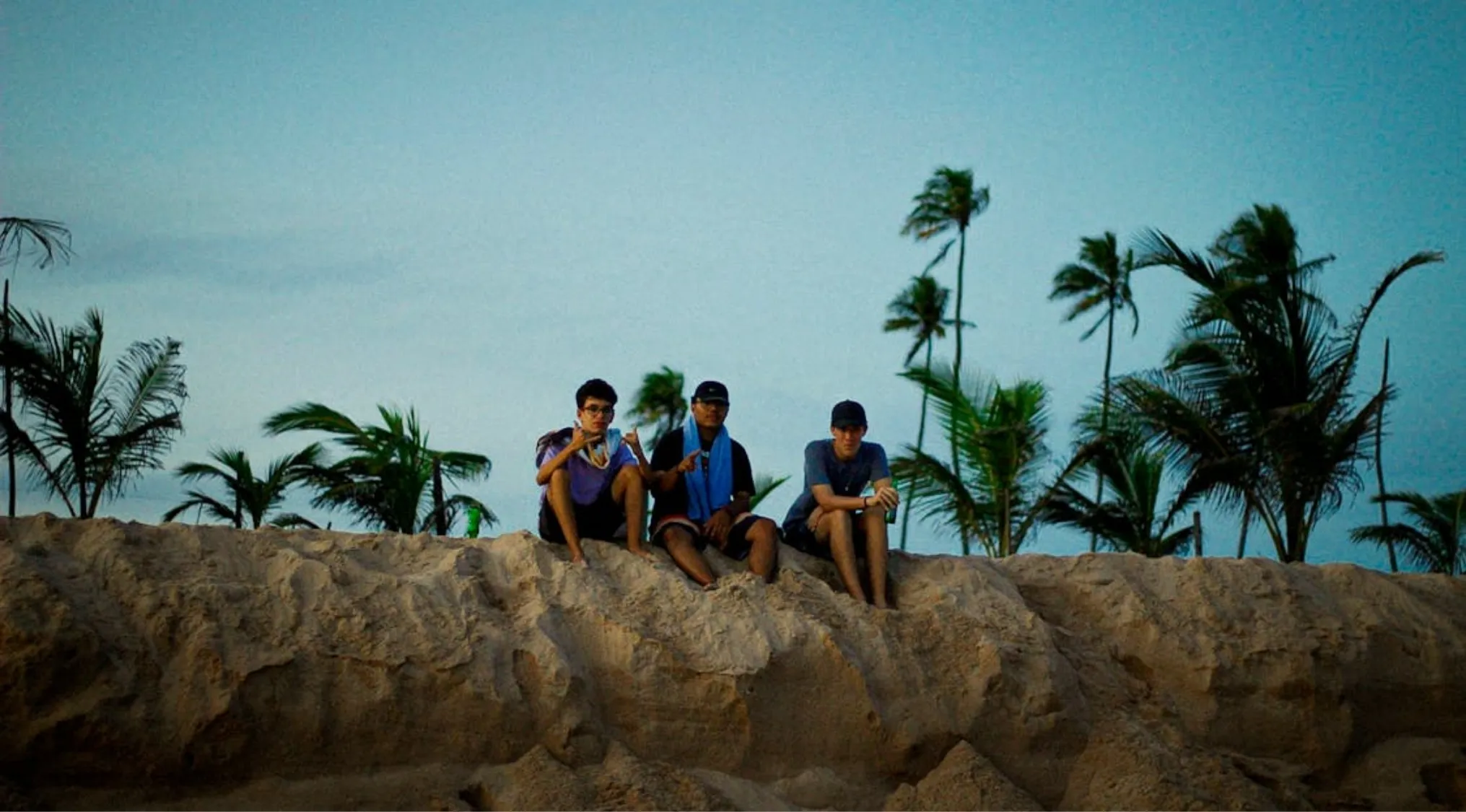 Three friends sitting on a sandy hill with palm trees at dusk, relating to the 1% club question about descriptions.