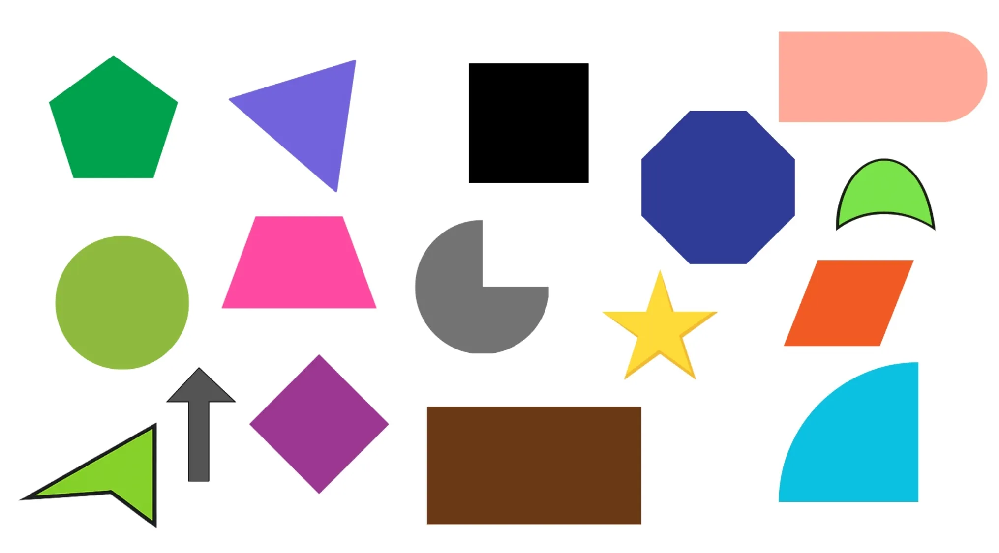 Sixteen colored shapes including triangles, squares, pentagons, and other polygons for four sides shapes question.