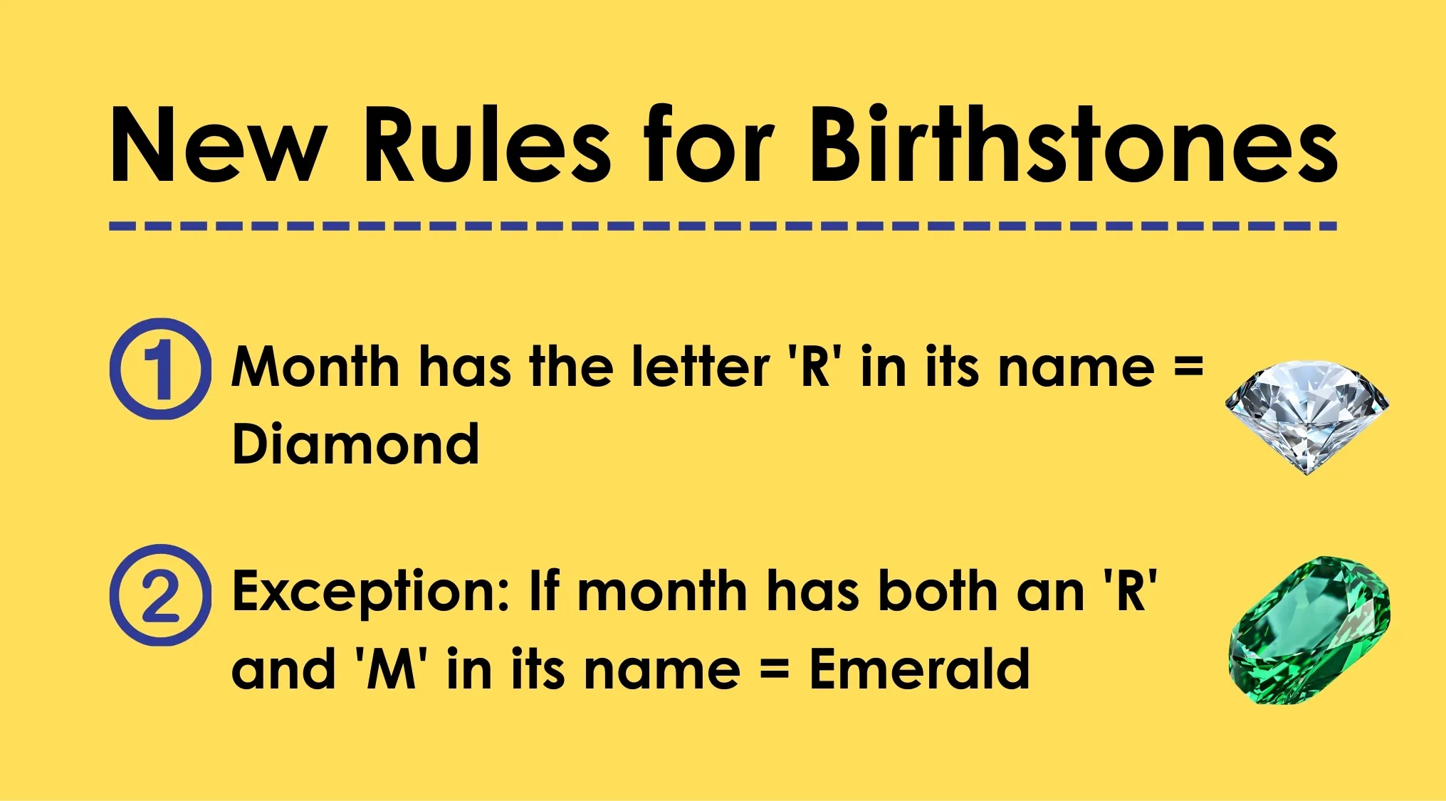 New rules for birthstones show months with an R get diamond unless they also have M, then emerald applies.