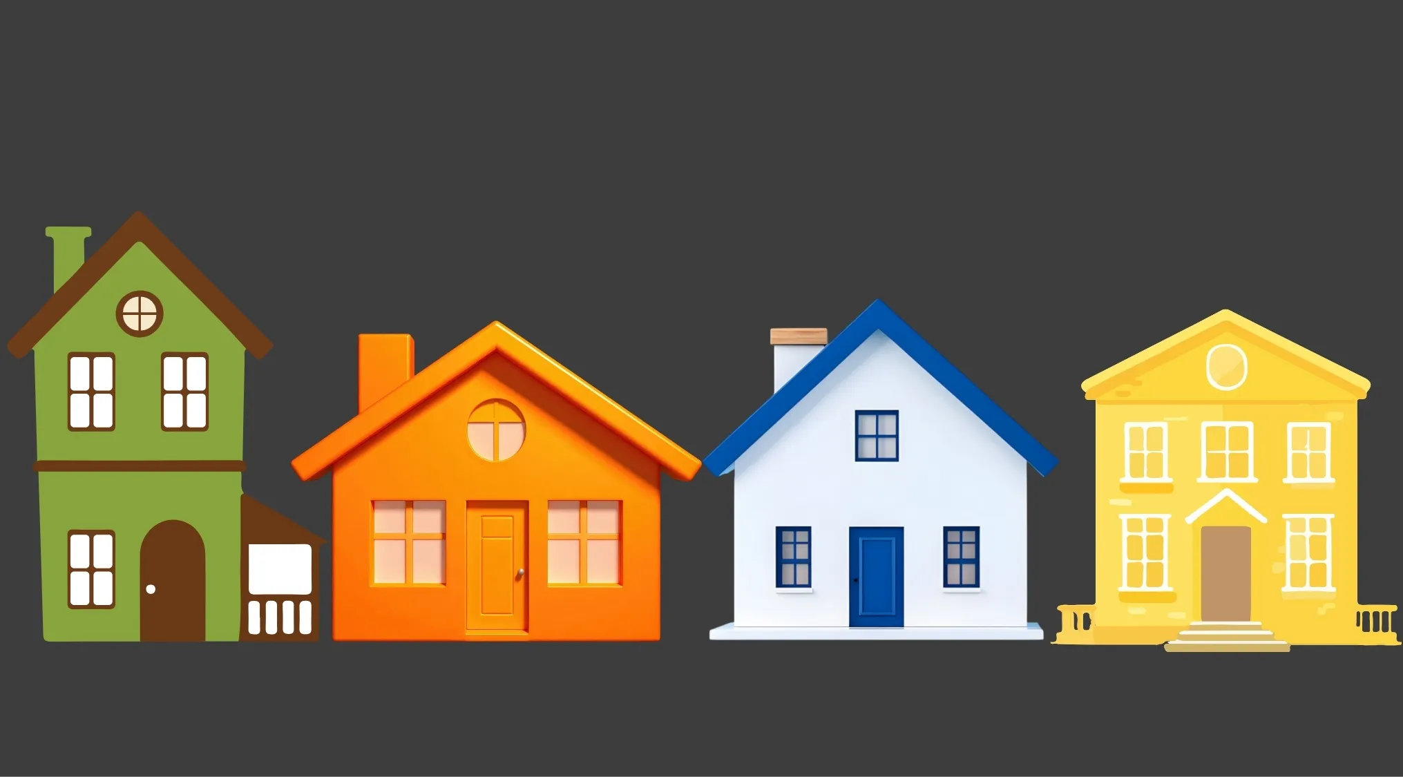 Four colorful houses in a row illustrating a 15% club puzzle with orange, white, green, and yellow houses.