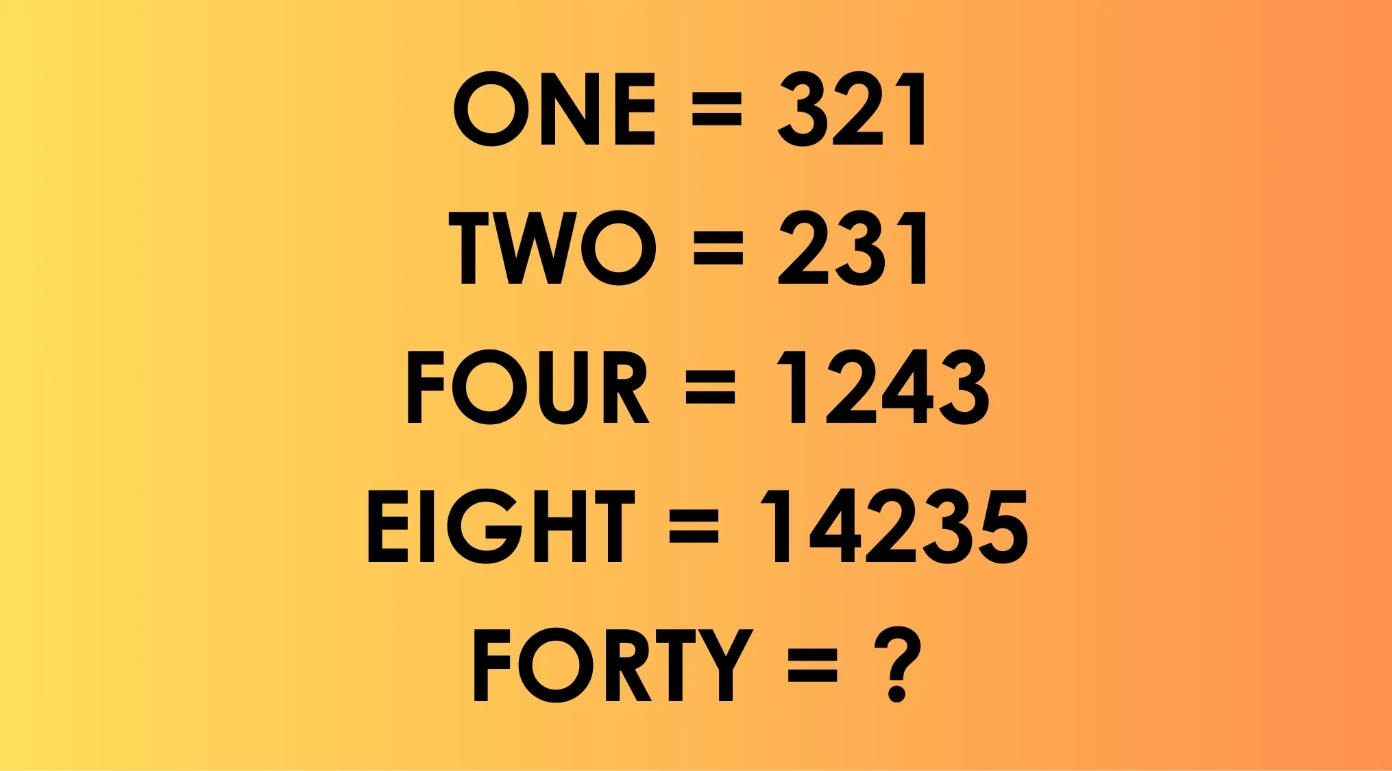 Number sequence puzzle showing equations for ONE, TWO, FOUR, EIGHT, and a question for FORTY in 1% club challenge.