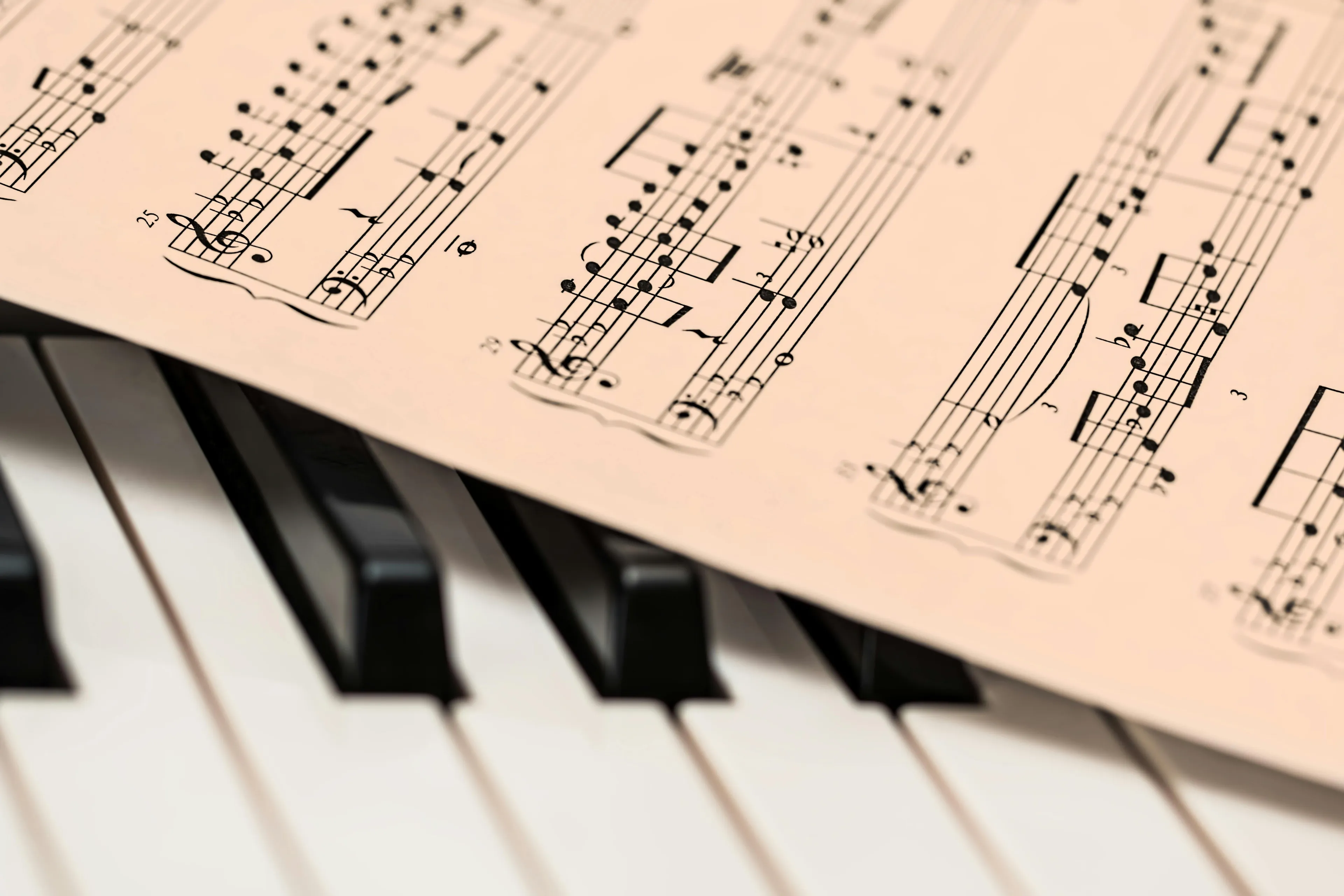 Close-up of piano keyboard with sheet music, illustrating music dynamics and how softly or loudly notes are played.