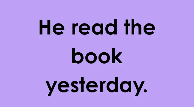 Sentence example with homophone pair read and red shown on a purple background for grammar learning.