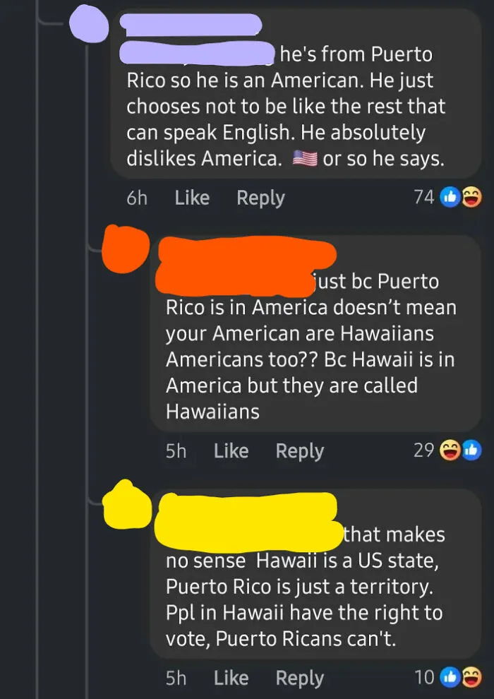 Comments showing geography fails about Puerto Rico and Hawaii causing internet facepalm reactions.