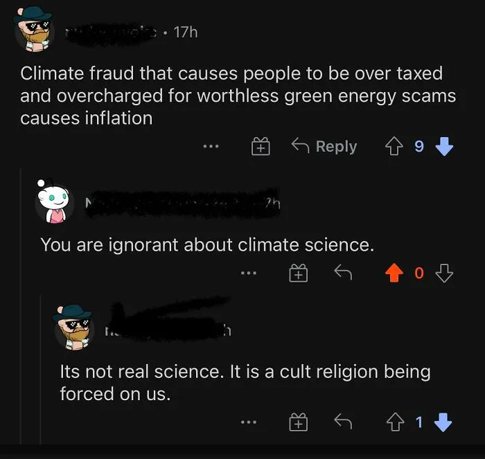 Reddit conversation showing users debating climate science and government scams with a geography fail flair.