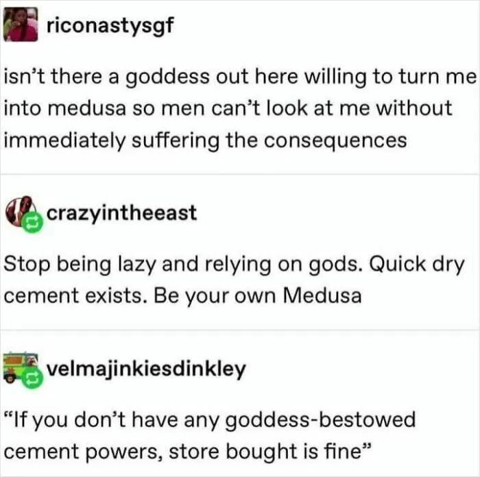 Funny meme conversation about Medusa and using quick dry cement to turn people to stone, relating to energy and laziness.
