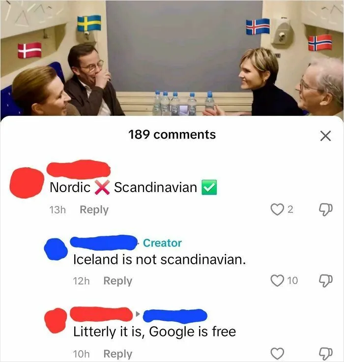 Four people in a train car with Nordic and Scandinavian flags, illustrating a geography fail discussion online.
