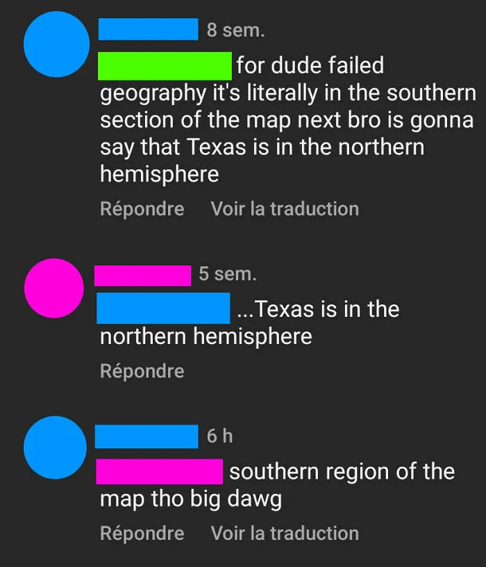 Screenshot of social media comments showing a conversation about geography fails with debates on Texas location.