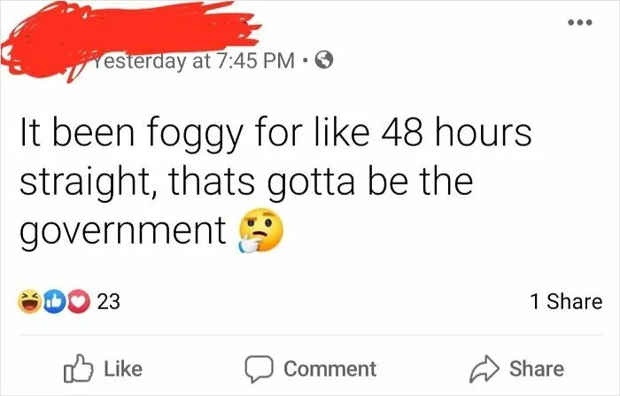 Social media post humorously linking government to 48 hours of fog, highlighting funny geography fails online.