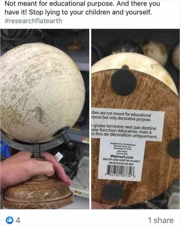 Hand holding decorative globe with label stating it is not meant for educational use, highlighting geography fail and internet facepalm.