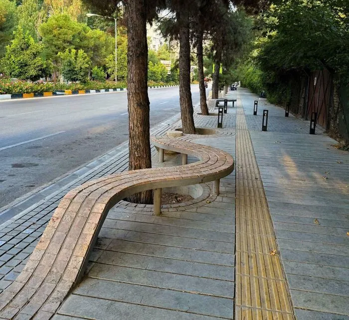 Brickwork On Sidewalk Which Turns Into A Public Bench In Shiraz, Iran