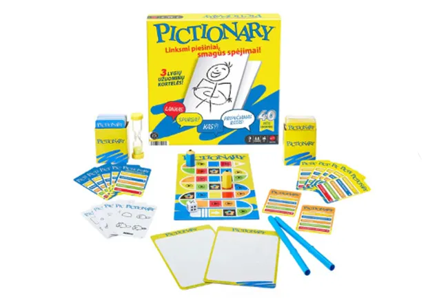 Pictionary board game set with cards, markers, timer, and colorful game board for family fun and drawing challenges.