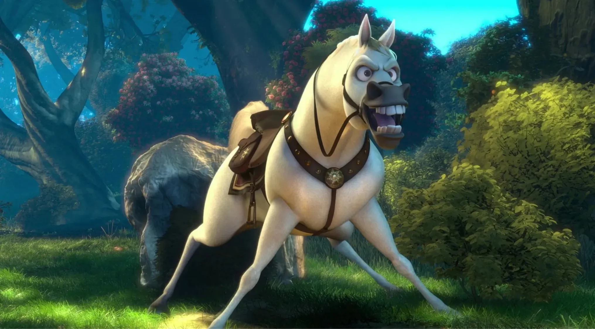 Animated stubborn expressive horse character from side character guess the movie scene in forest background
