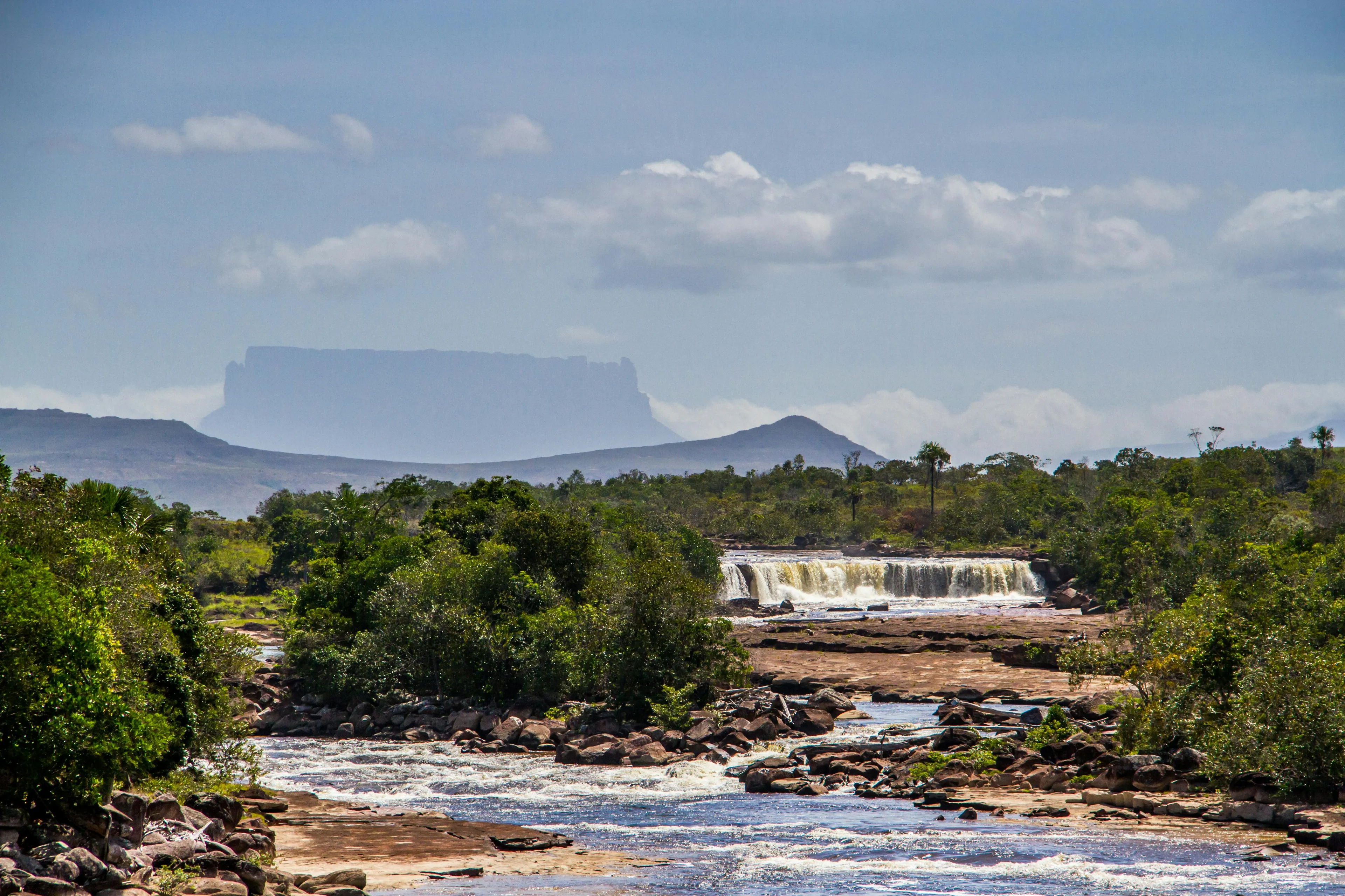 River flowing through green forest with waterfall and misty mountains in Venezuela natural landscape.