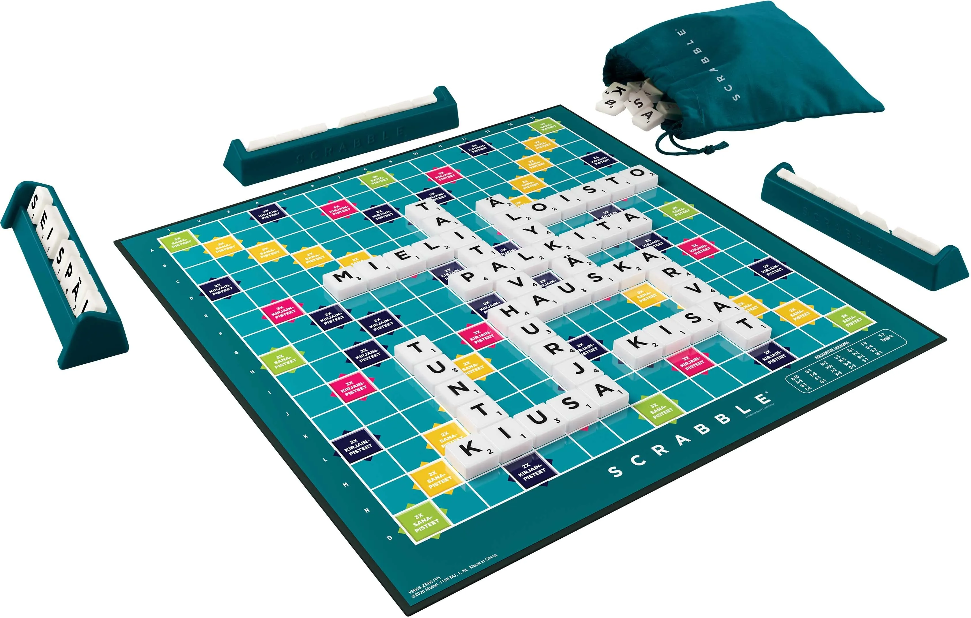 Scrabble board game setup with letter tiles, racks, and draw bag ready for a fun board game night.