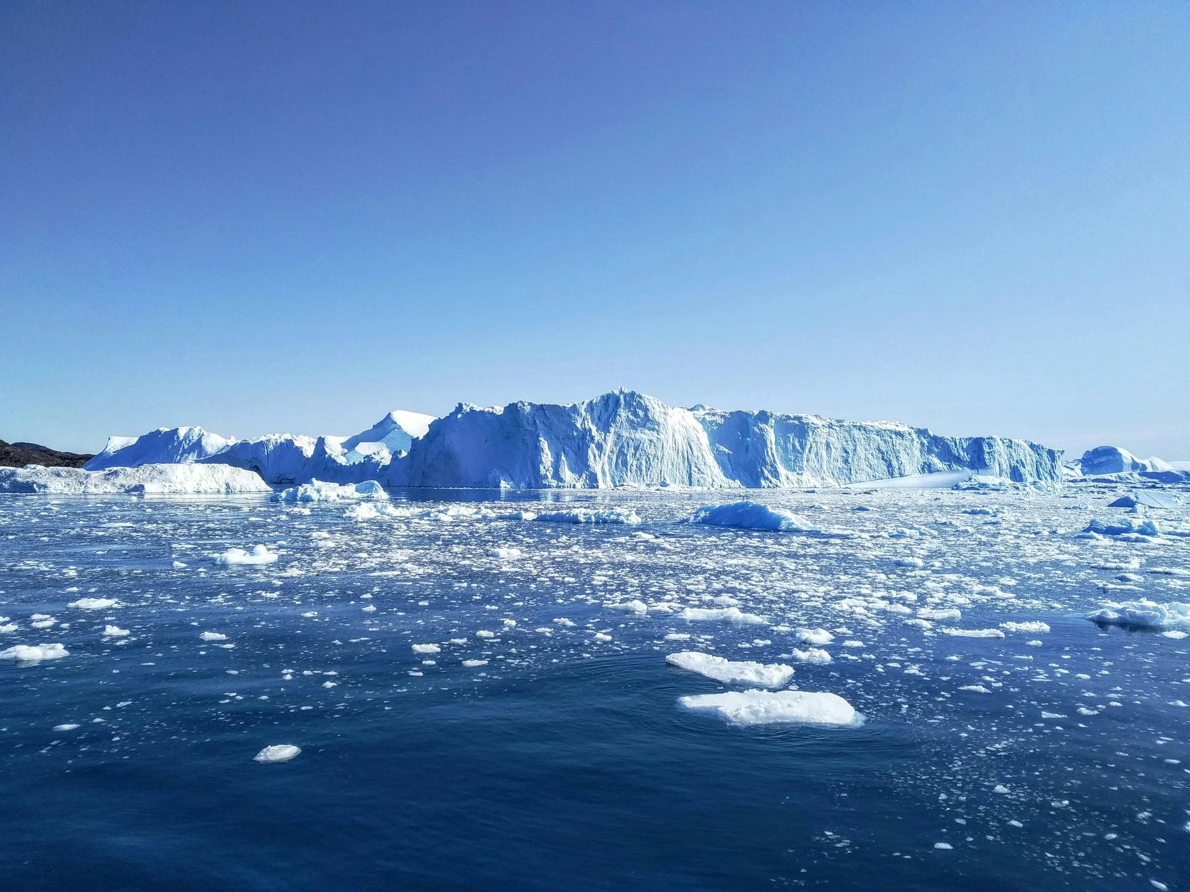 Arctic Ocean with floating icebergs and sea ice under clear blue sky highlighting the cold ocean conditions.