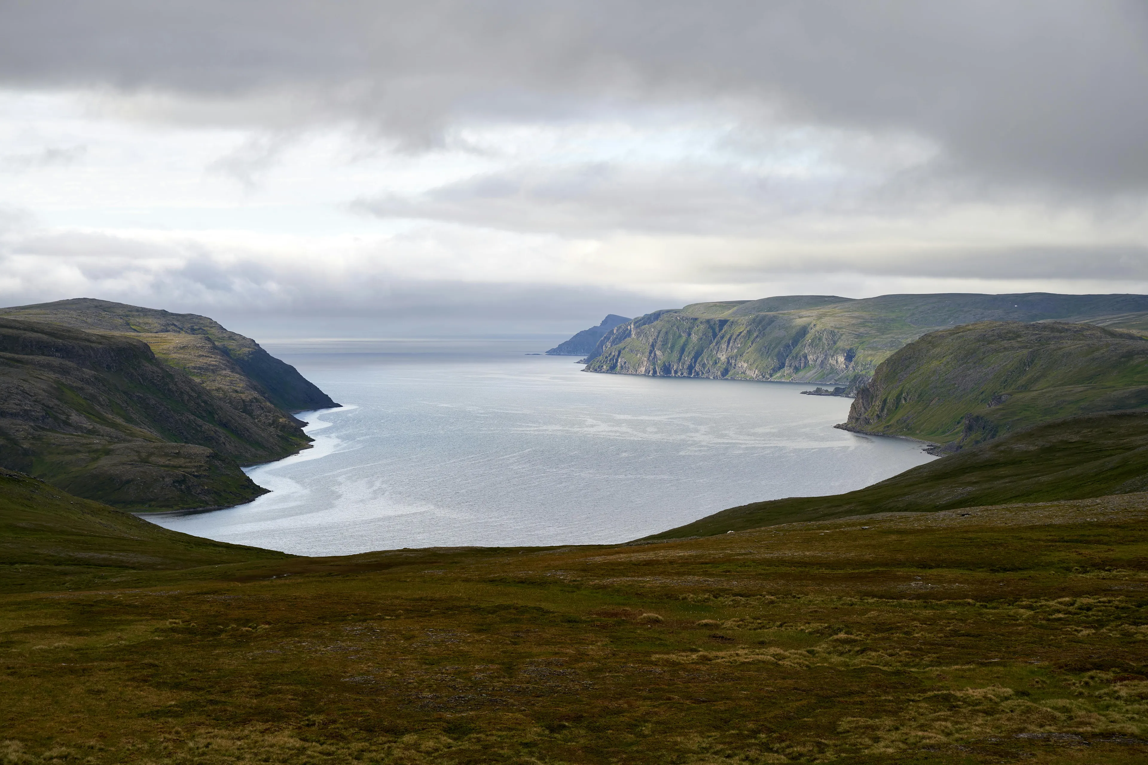 Norway’s coastline along fjords under cloudy sky with rocky cliffs and calm sea in Europe landscape.