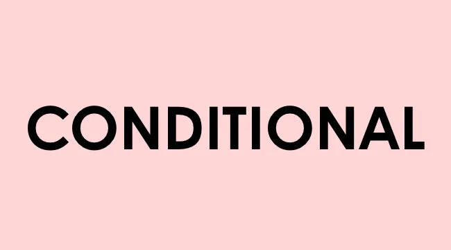 Bold black text spelling conditional on a pale pink background, highlighting the UK school grammar test topic.