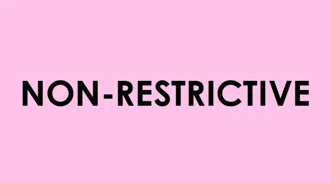 Bold black text non-restrictive on a pink background, related to UK school grammar test concepts.