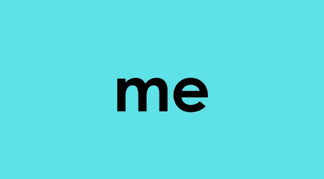 The word me displayed in bold black font on a blue background, highlighting a determiner concept.