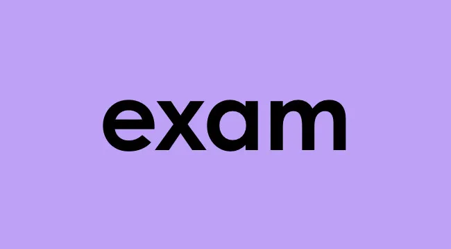 The word exam in bold black text on a solid purple background representing identify abstract noun concept.