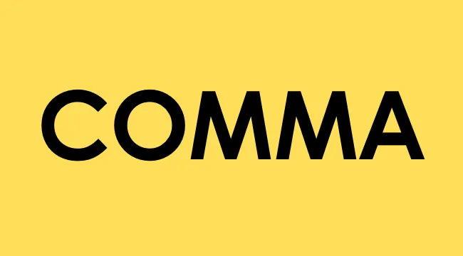The word comma in bold black text on a bright yellow background highlighting comma placement in grammar tests.