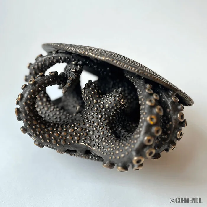 This Is My First-Ever Bronze Sculpture. A Little Coconut Octopus Peeking Out From Its Scavanged Shell. Modelled In Wax And Then Cast Directly