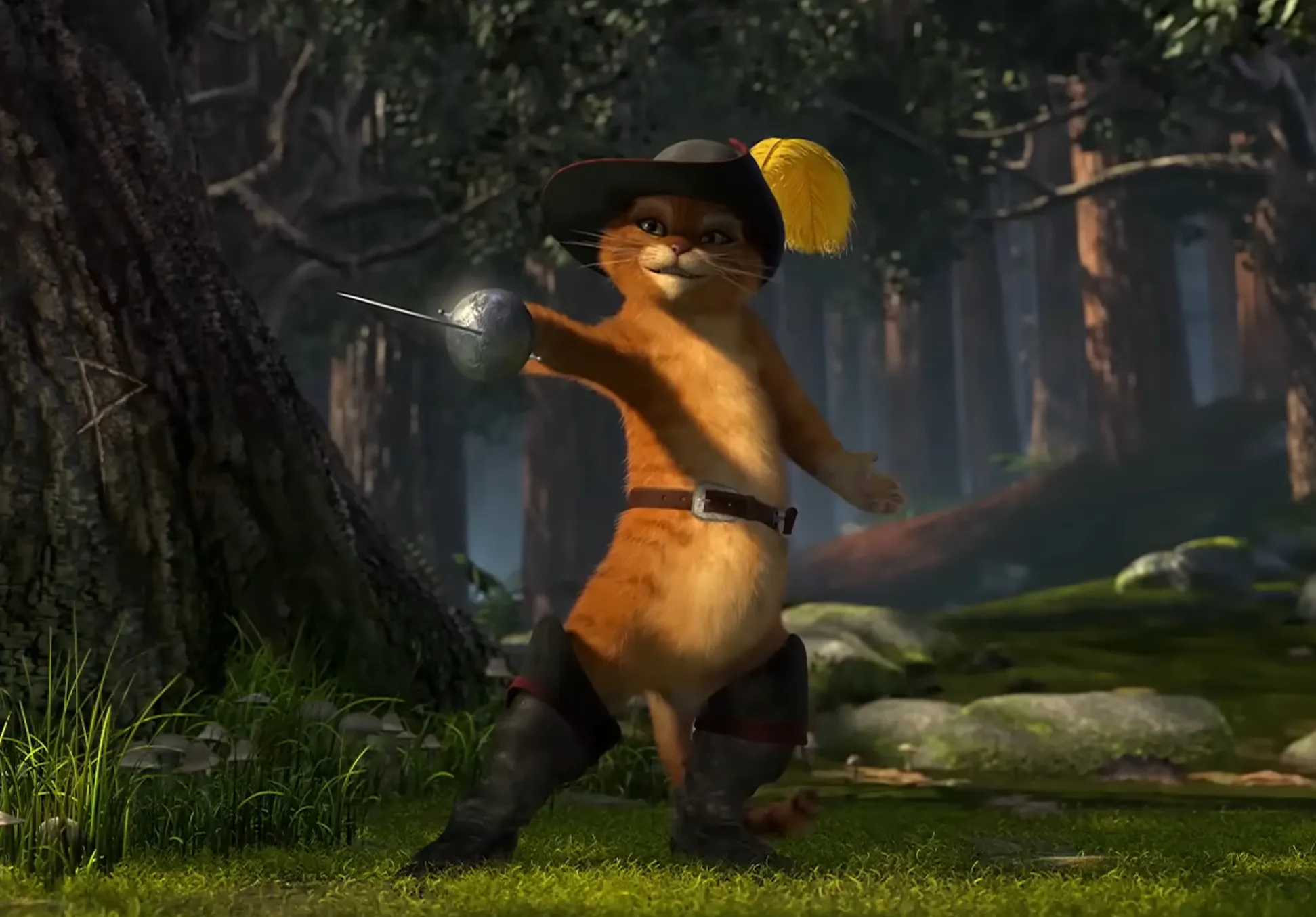 Puss in Boots standing in a forest wearing a hat with a feather and holding a sword in a fencing pose.
