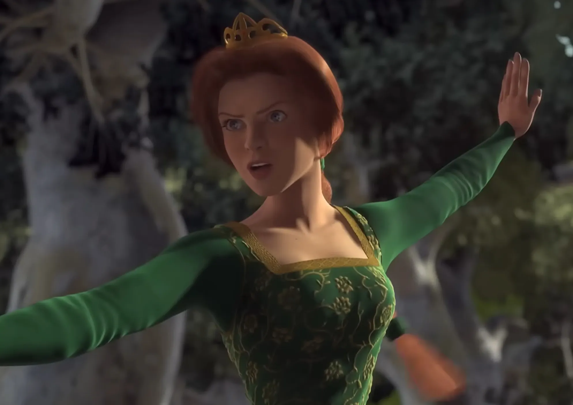 Princess Fiona from Shrek with arms outstretched, wearing a green dress and a golden crown in a forest setting
