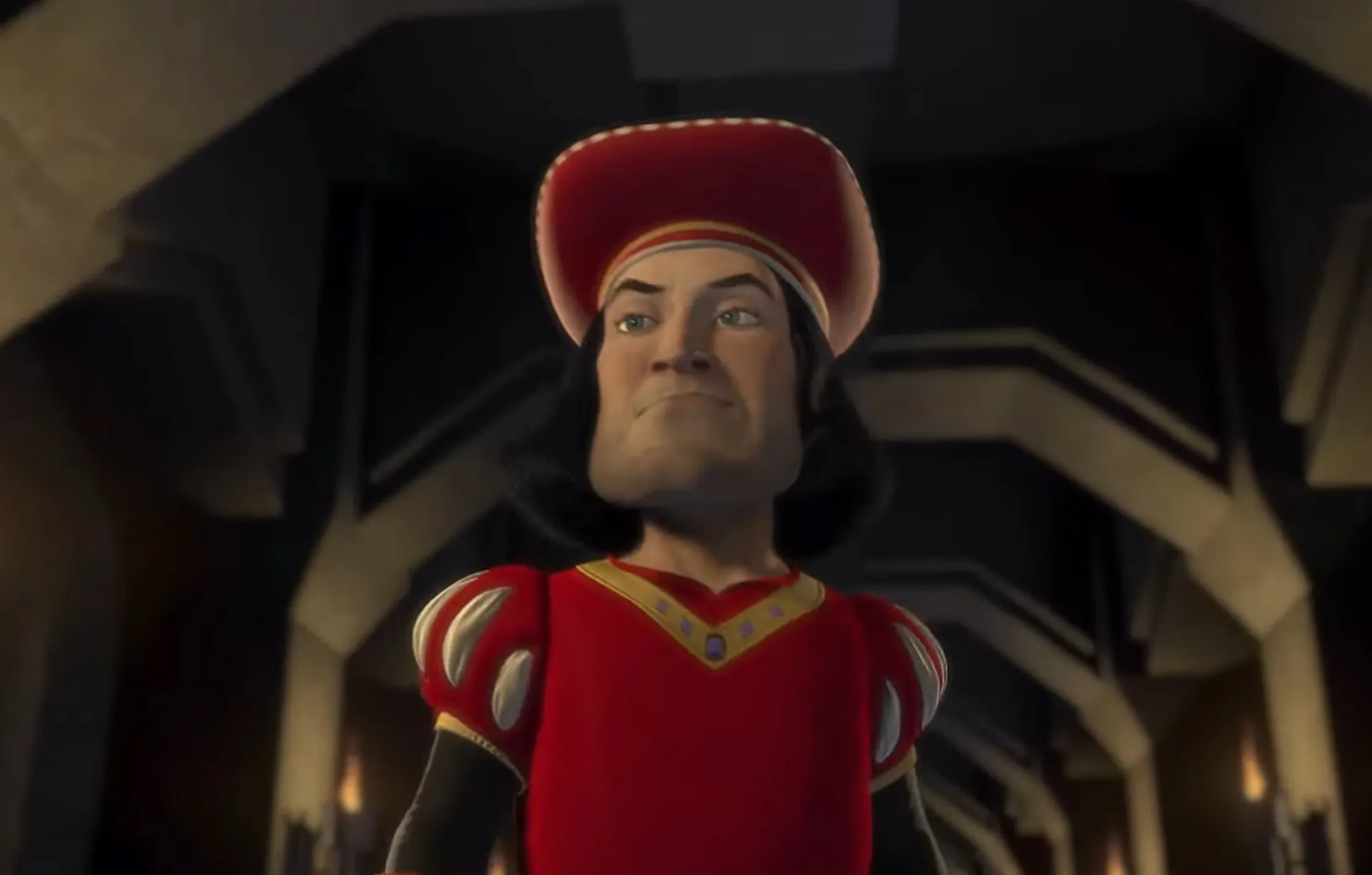 Lord Farquaad from Shrek, wearing a red medieval outfit and hat, standing confidently in a dimly lit castle hallway.