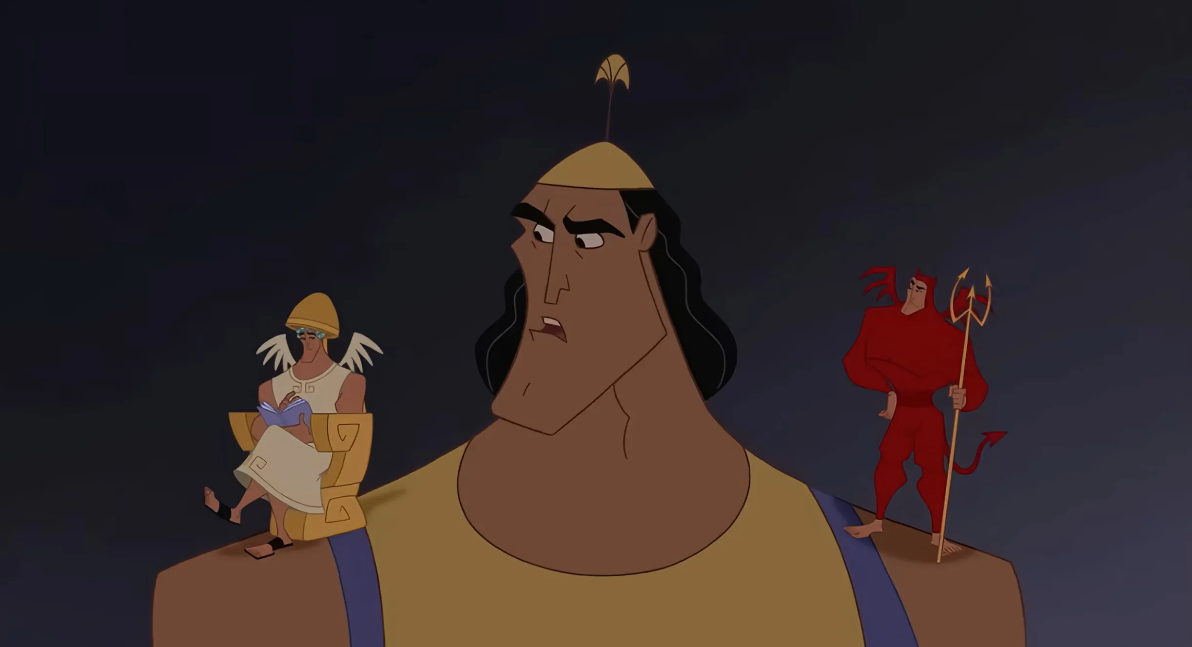 Animated character Kronk from supporting cast in a popular animated film with angel and devil on his shoulders.