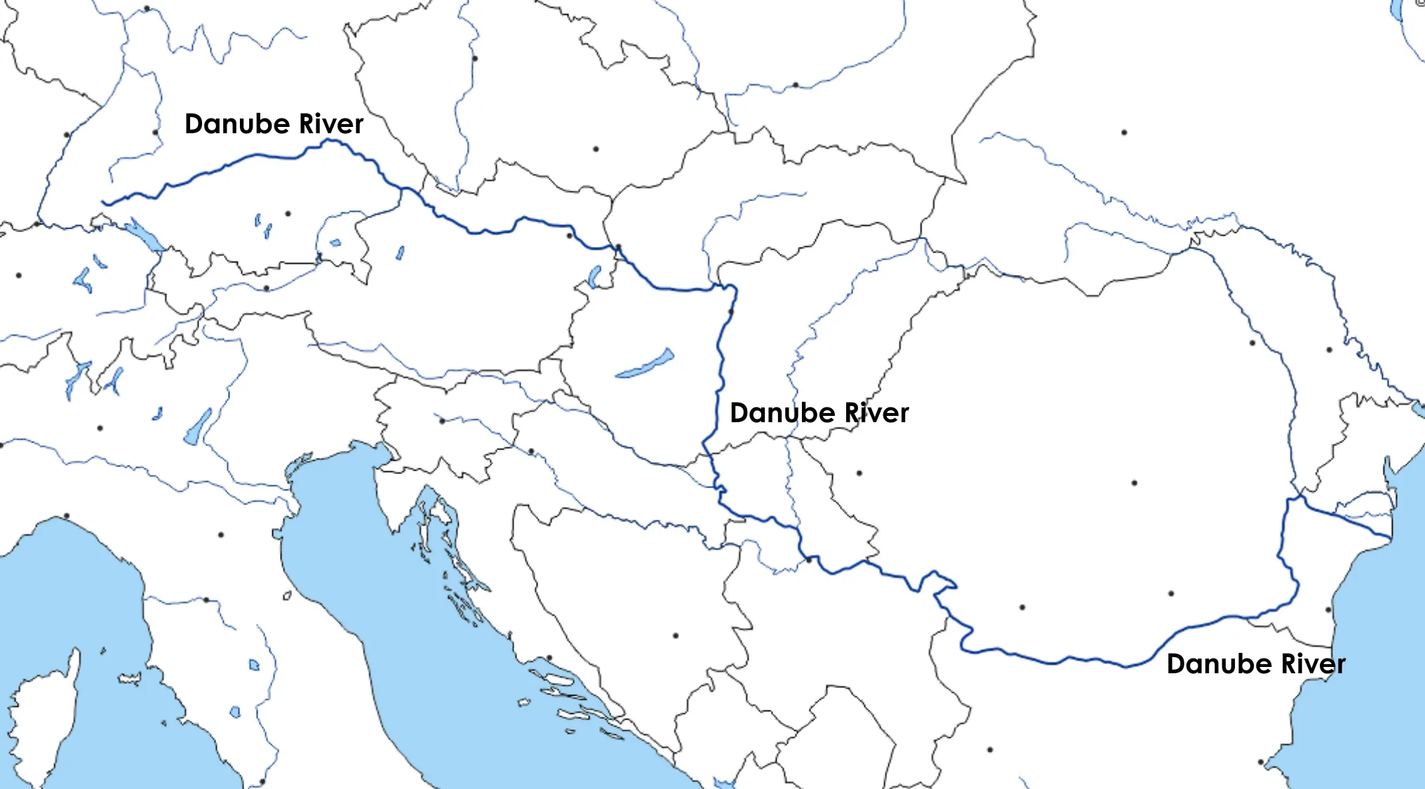 Map highlighting the Danube River across Europe, showing three European capitals located along the Danube River.