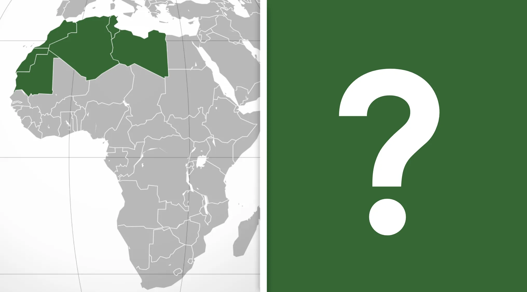 Map highlighting the Maghreb region in northern Africa for geography quiz including Morocco, Algeria, and Tunisia.