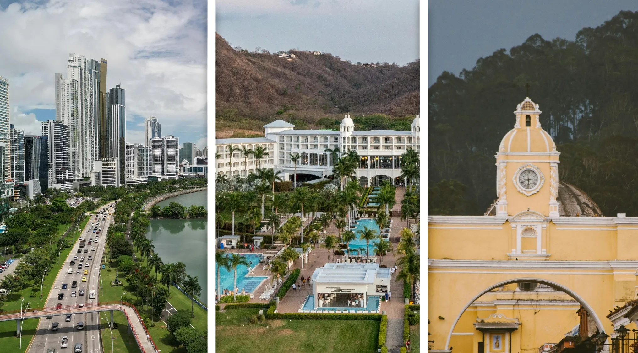 Panama city skyline, Costa Rica resort with pool, and historic clock tower in Guatemala in a geography quiz connection.