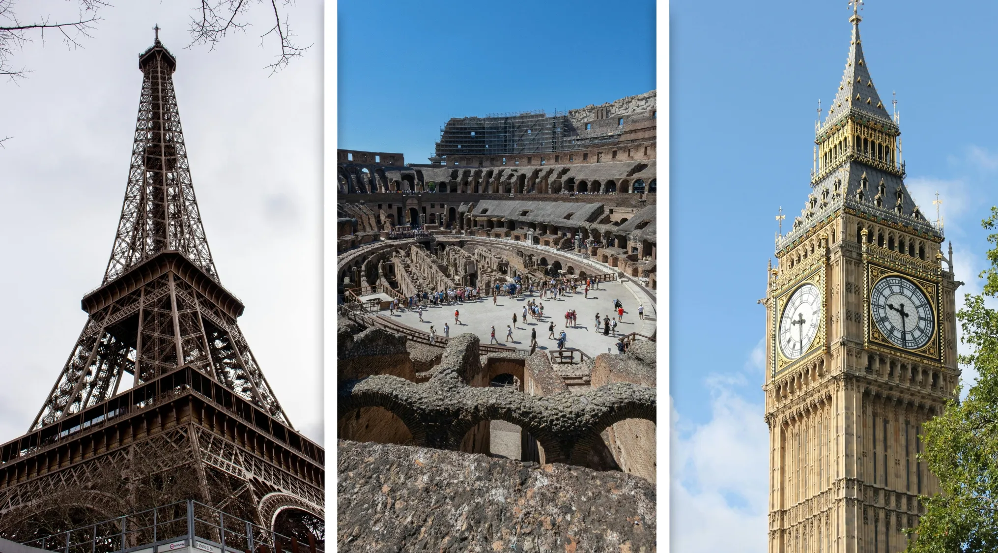 Eiffel Tower, Colosseum, and Big Ben representing landmarks for a geography quiz connection challenge.