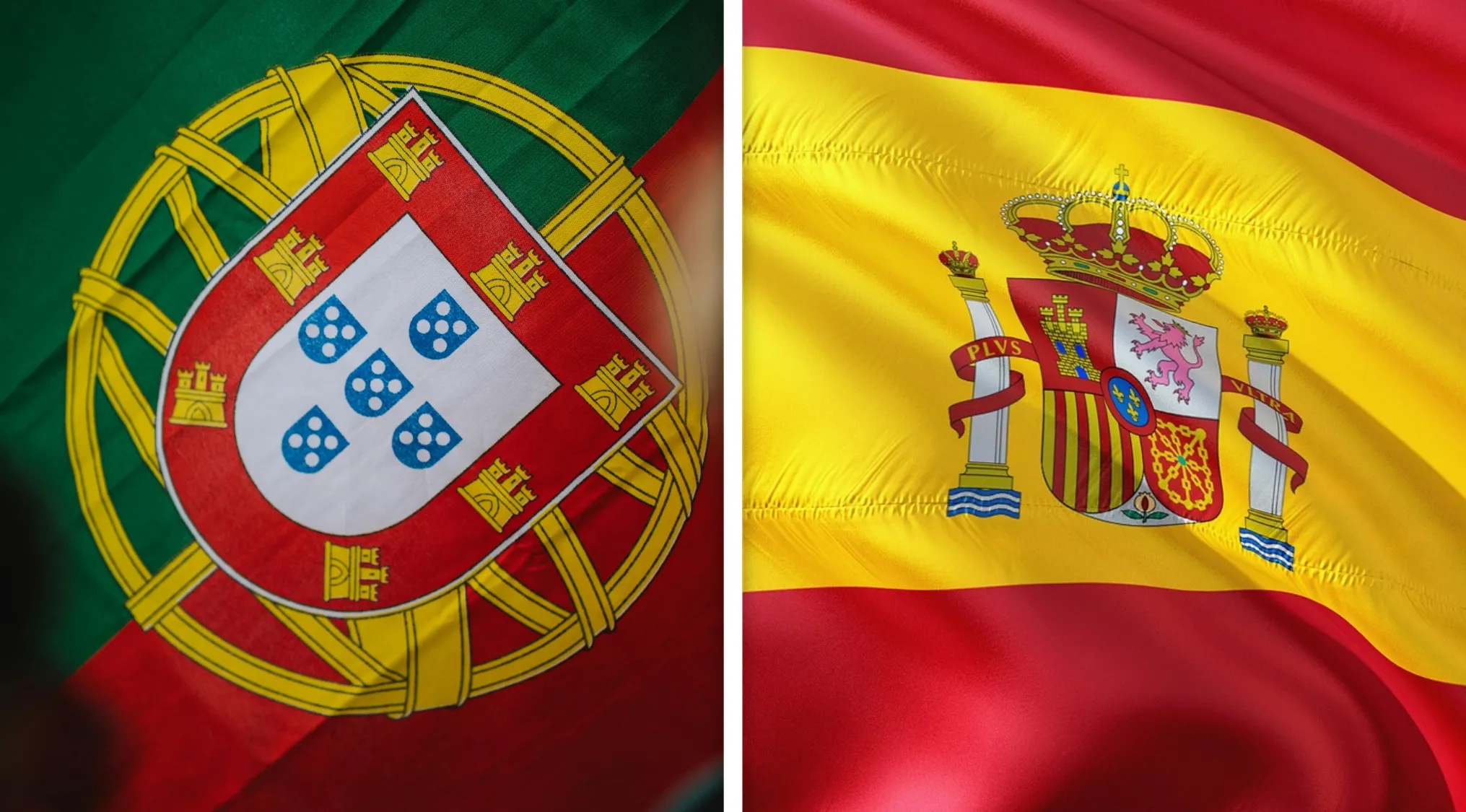 Flags of Portugal and Spain side by side, representing a geography quiz about what these countries have in common.