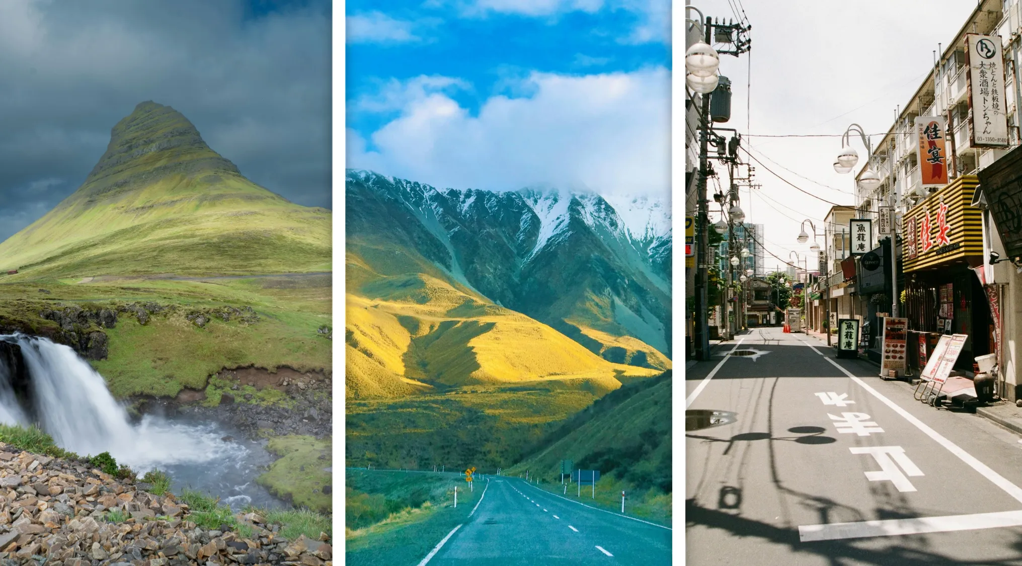 Scenic landscapes and urban street showcasing diverse countries for geography quiz exploring connections between places.
