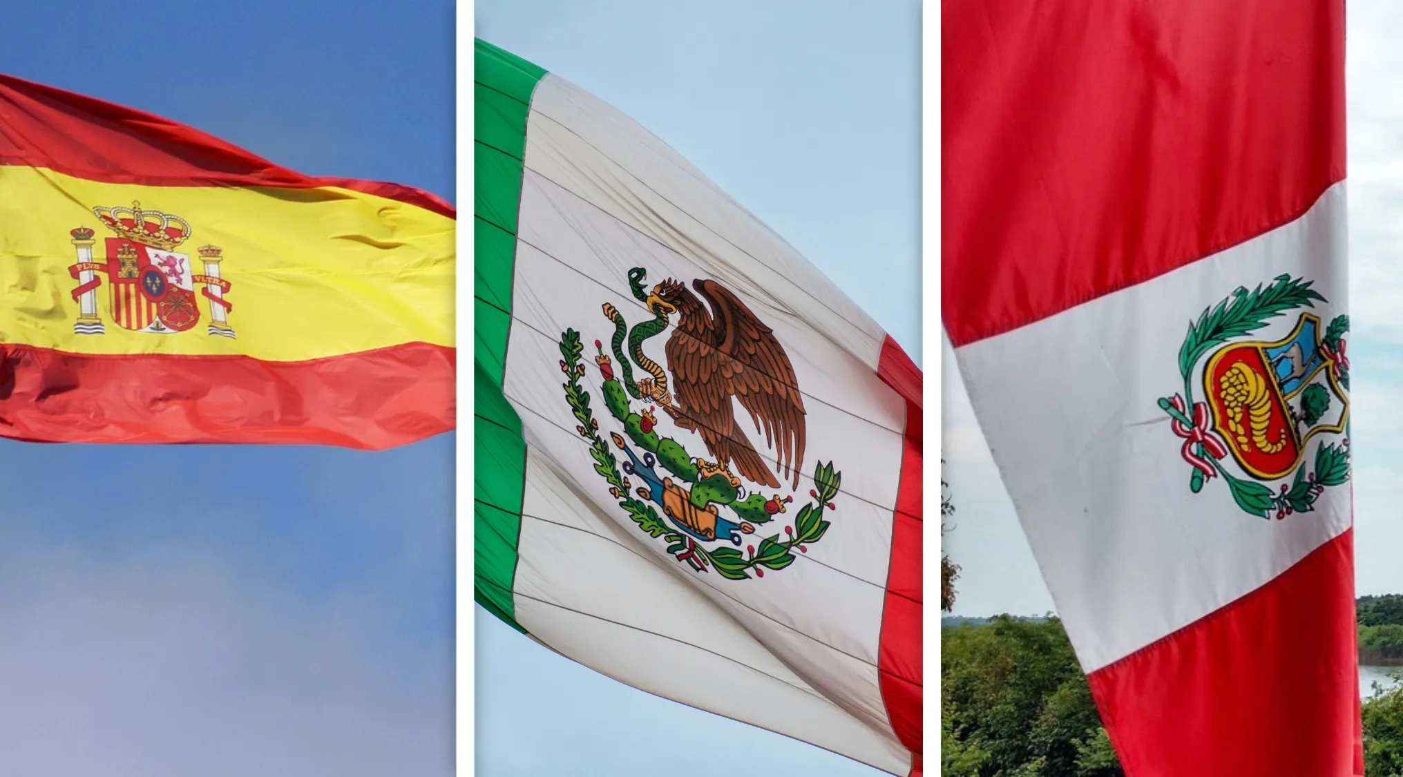 Flags of Spain, Mexico, and Peru waving against the sky, highlighting the geography quiz connection between these countries.