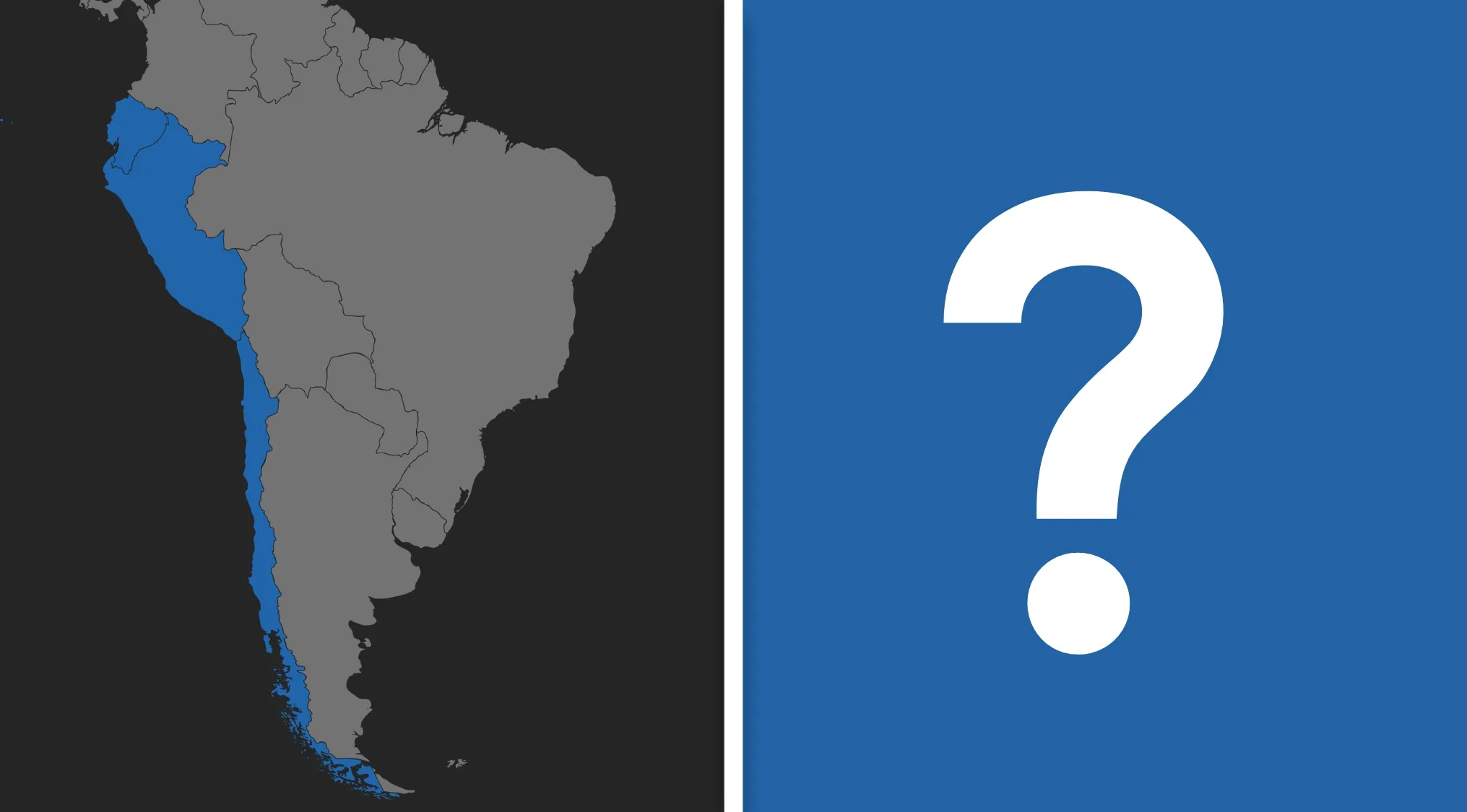 Map highlighting Chile, Peru, and Ecuador in South America alongside a large question mark for geography quiz connection.