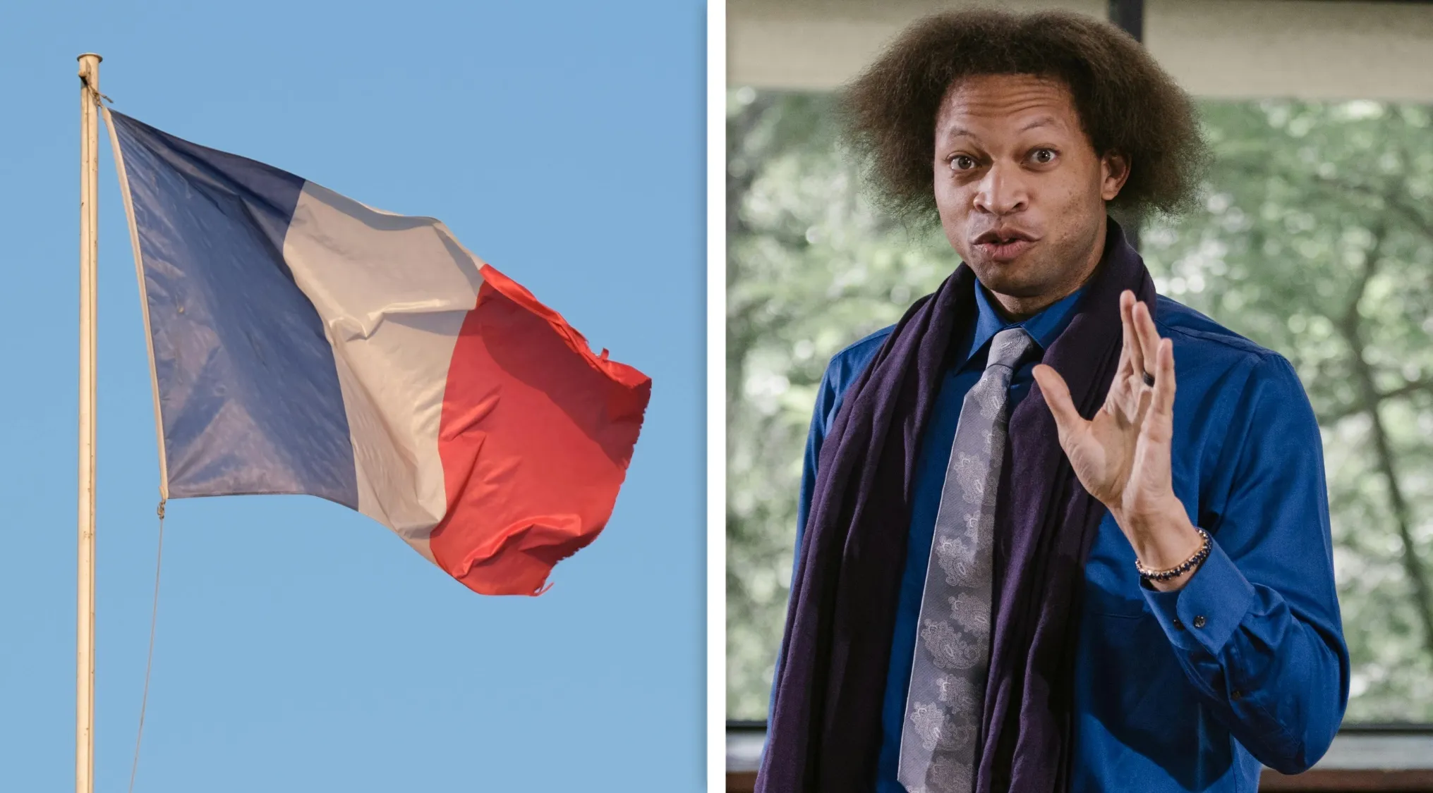 French flag waving on a pole beside a man in a blue shirt and scarf, representing countries with French as an official language