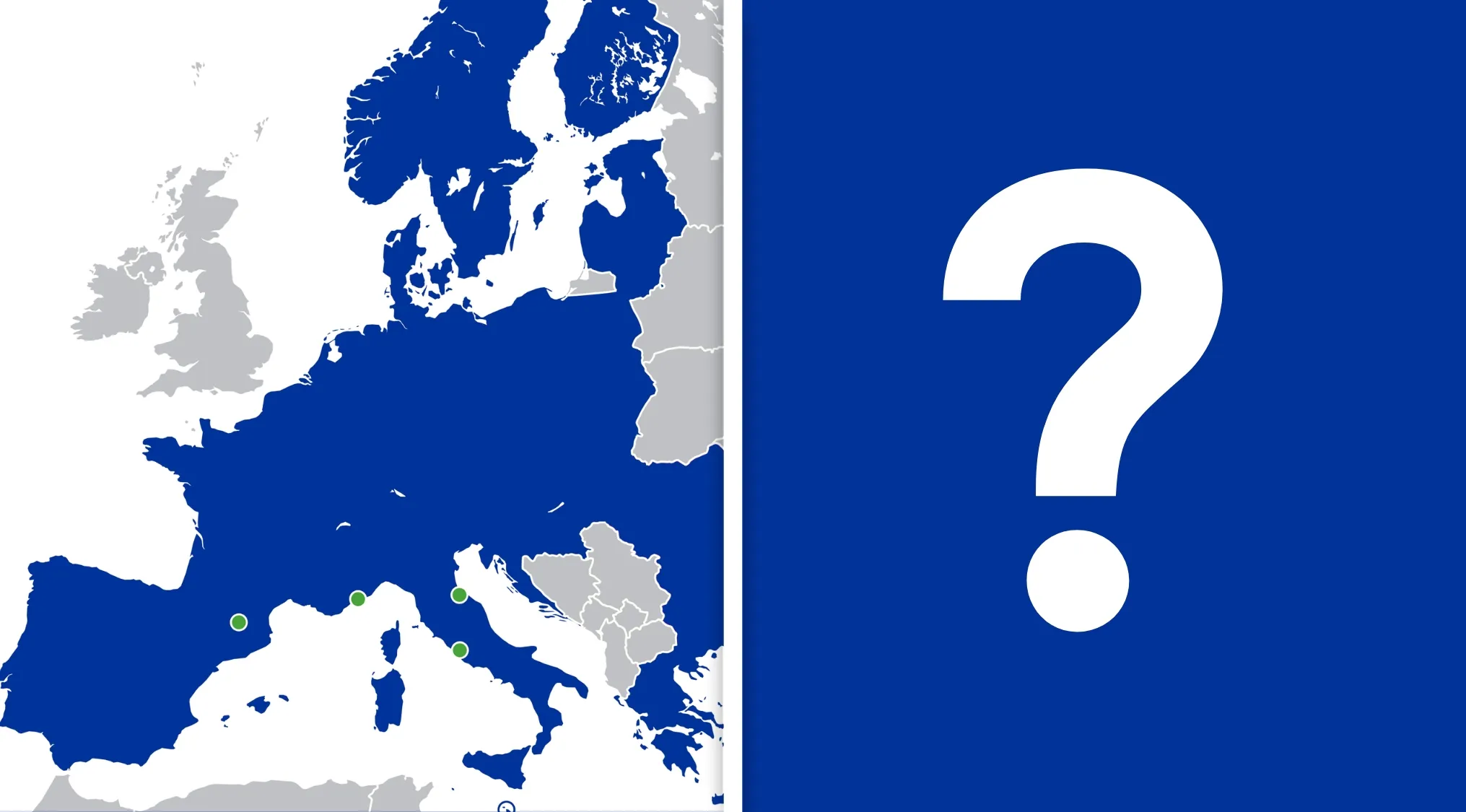 Map highlighting Schengen Area countries in blue and a large white question mark on a blue background for geography quiz.