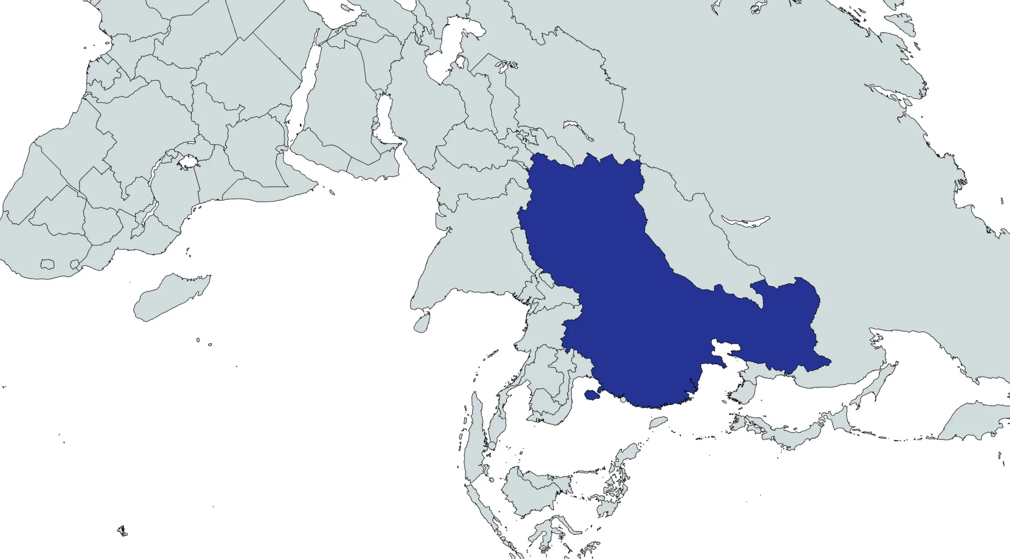 Rotated world map highlighting a single country in dark blue for a geography challenge to guess the country shown.